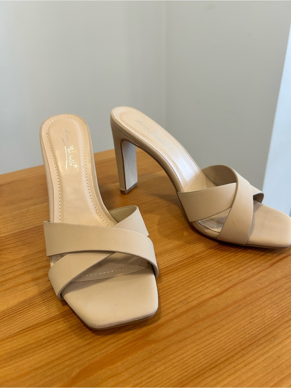 Anne Michelle Beige Crossband Block Heels